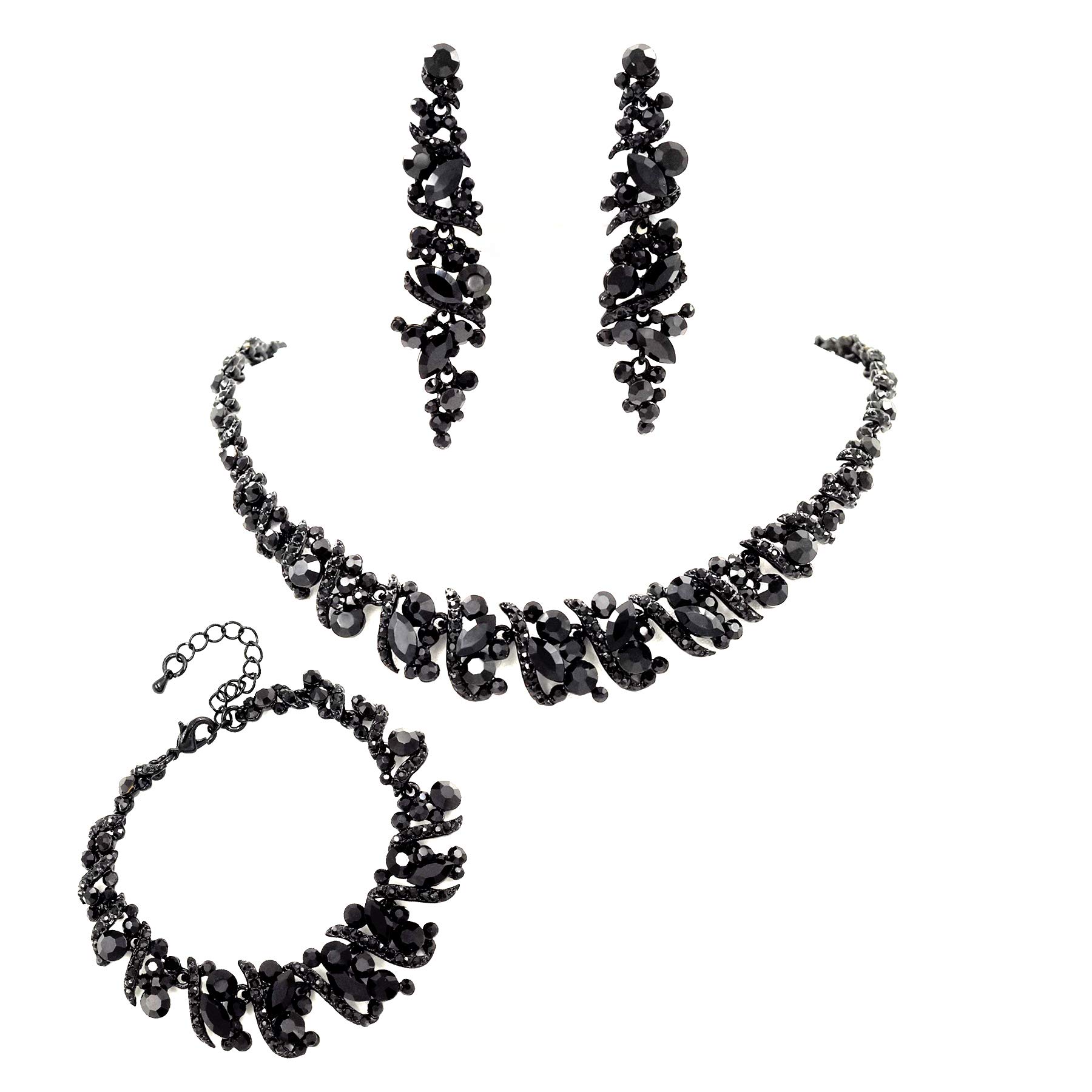 Iris Island Women Black Jet Austrian Crystal Rhinestone Jewelry Necklace Earrings Bracelet Set for Prom