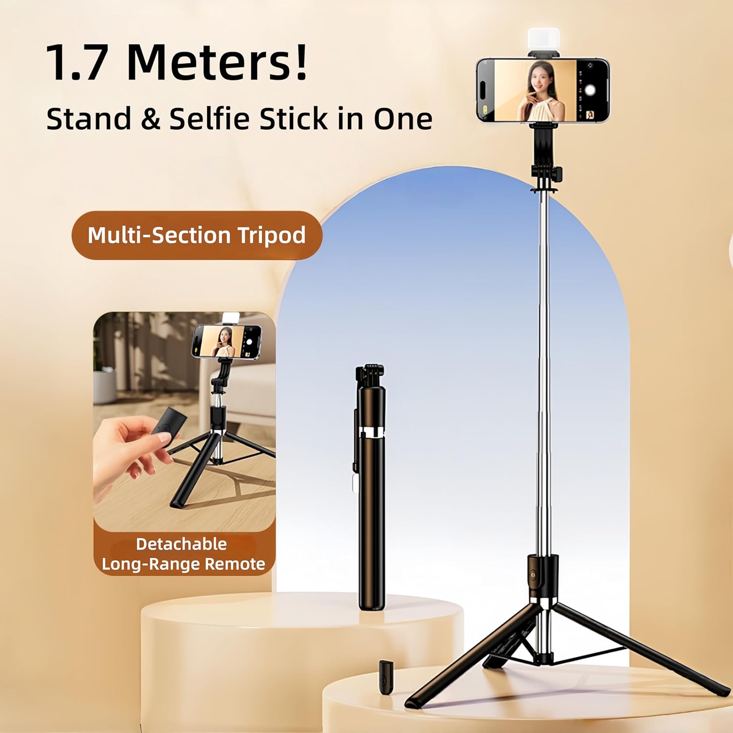 Selfie Stick Tripod 1.7M, Extendable Selfie Pole with Removable Fill Light & Bluetooth Remote, 3 Modes 360° Rotation, Compact Tripod Stand for Selfie/Live Stream/Vlog/Travel, Black - Image 2