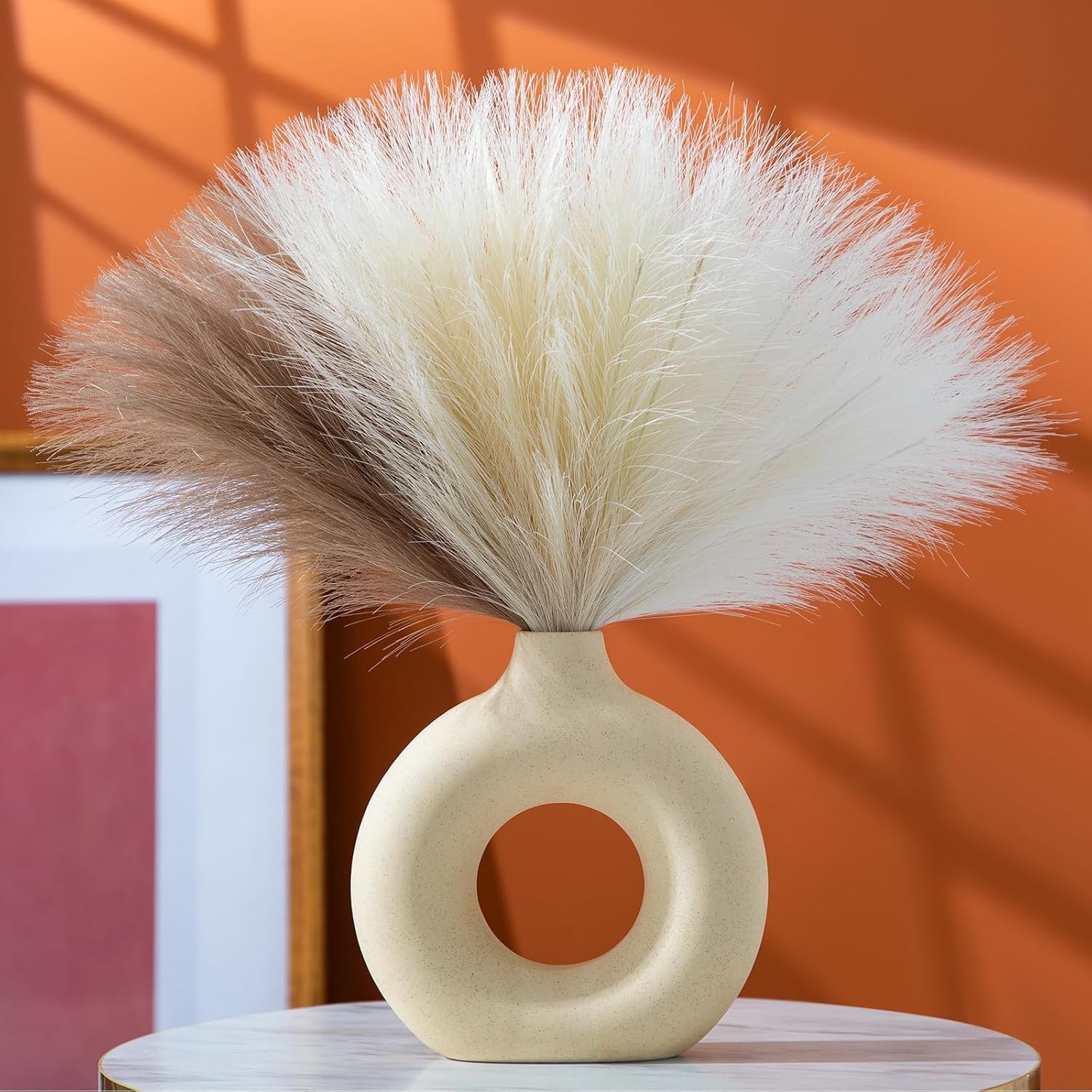 CURATED CART 3 Pcs Faux Pampas Grass - 17 inch Artificial Fluffy Flowers for Home Decoration, Wedding & Office Decor | Dried Plants, Leaves & Grass Arrangement (Without Vase) - Beige, Brown, White