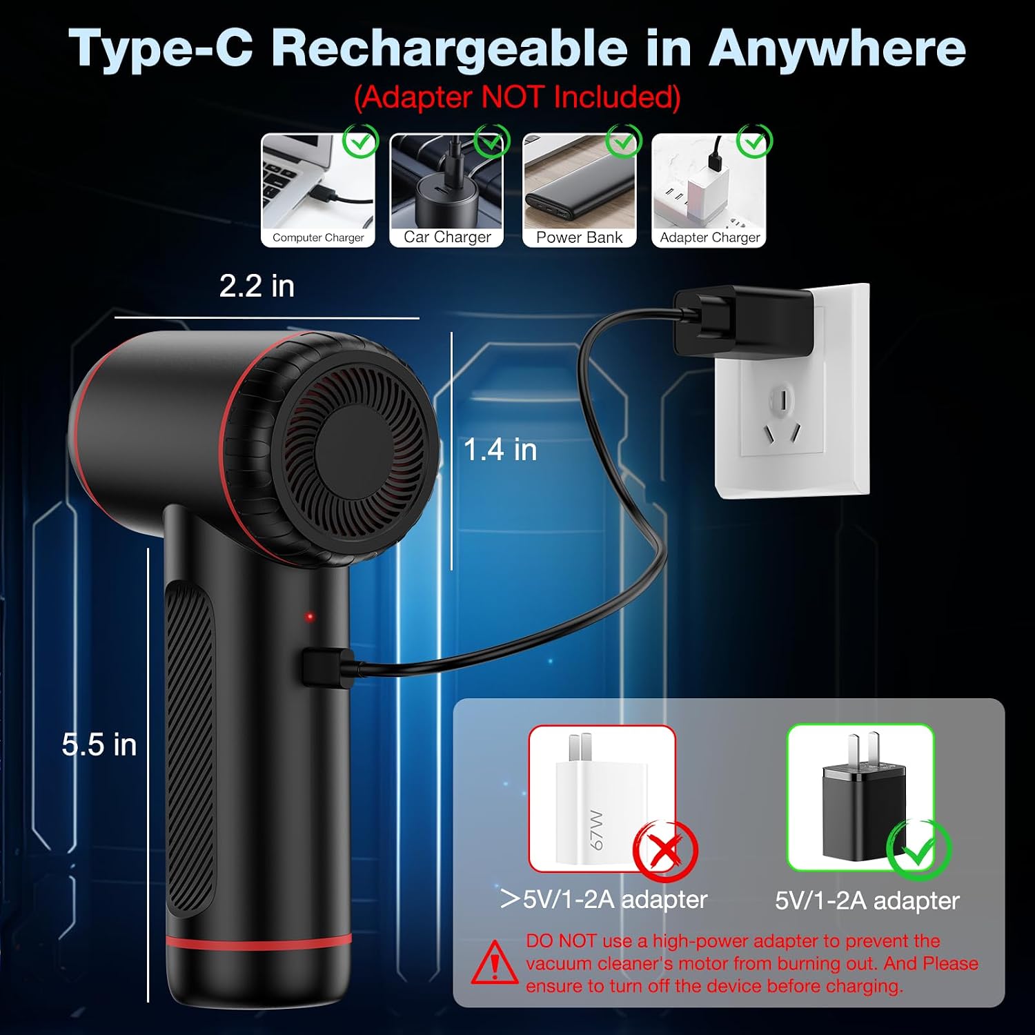Compressed Air Duster, Cordless Air Blower & Hand Pump Car Vacuum Cleaner Portable Rechargeable Mini Handheld Computer Keyboard Duster Cleaner(Black)