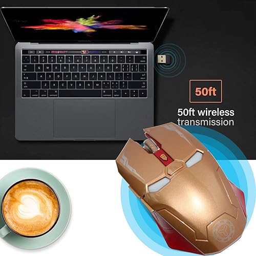 Miniatura 5 de Ratón inalámbrico 2.4G portátil óptico Iron Man Mouse con nano receptor USB, 3 niveles de DPI ajustables, 6 botones para laptop, computadora,
