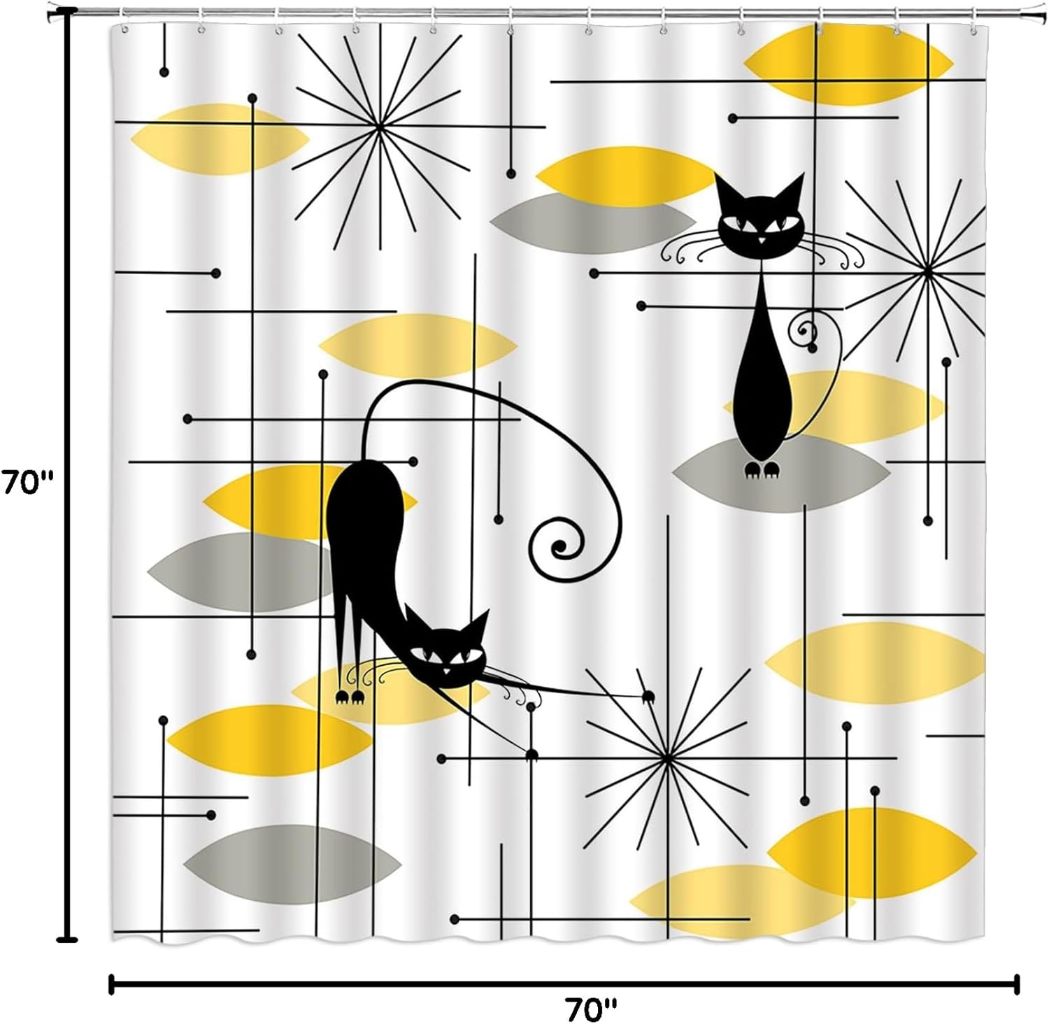 Mid Century Black Cat Shower Curtain Yellow Grey Modern Atomic Abstract Geometric Iconic Pattern Retro Black Kitty Animal 1950s 1971s Vintage Fabric Bathroom Curtain Set with Hook