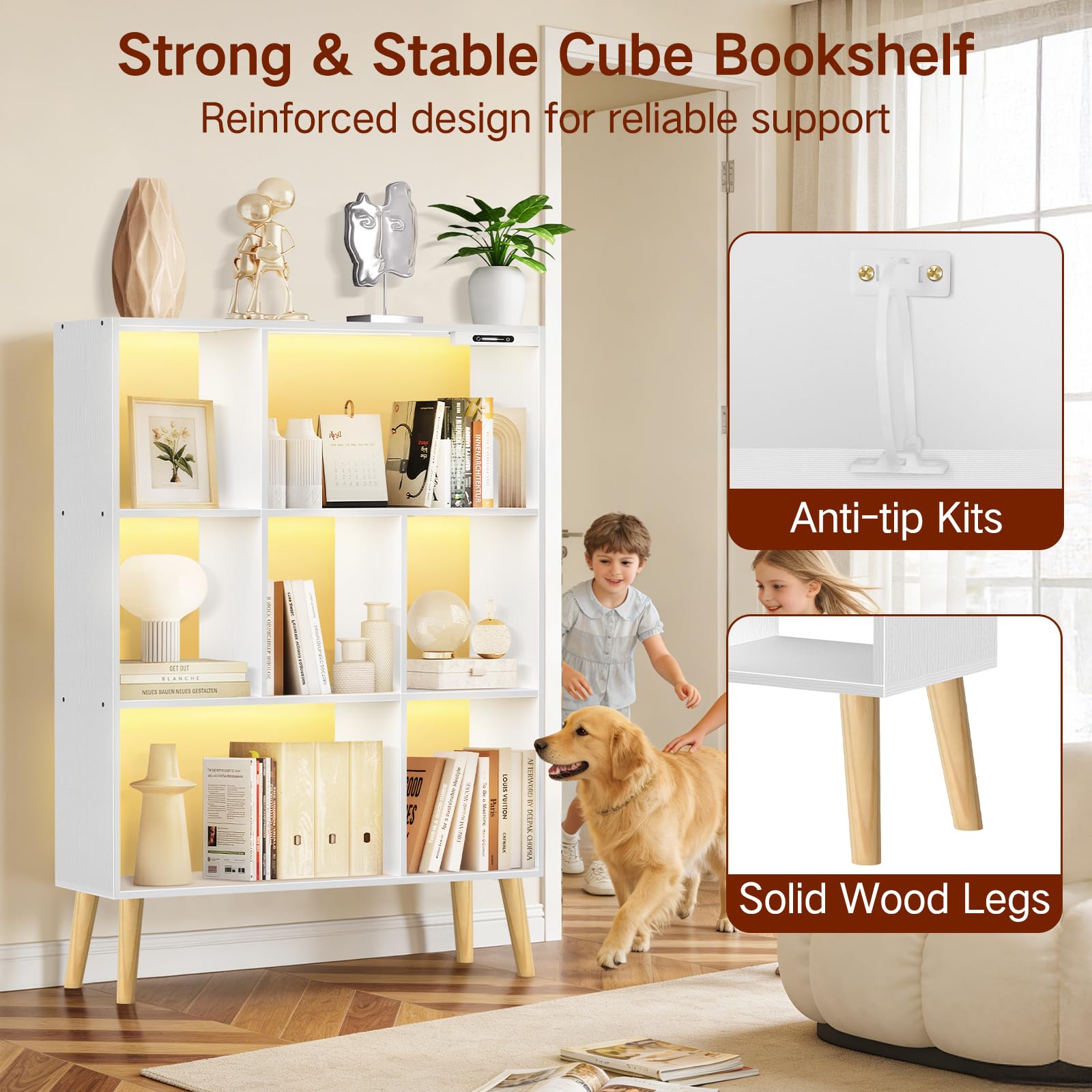 Estantería de 7 Cubos con Luces LED, Control Táctil y Remoto, Librería Moderna Independiente Regulable, Organizador de Madera para Salón, Dormitorio u Oficina