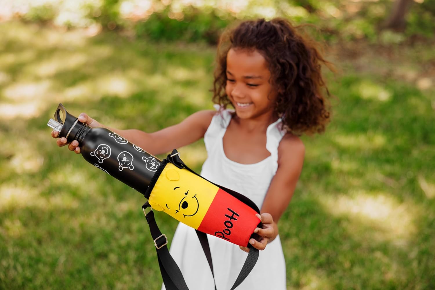 Picnic TIME Disney Winnie The Pooh Bottle Cooler Tote with Included 24 oz Bottle, Insulated Water Bottle Holder with Adjustable Shoulder Strap, Fits 20 to 32 oz Bottles, (Red & Yellow)