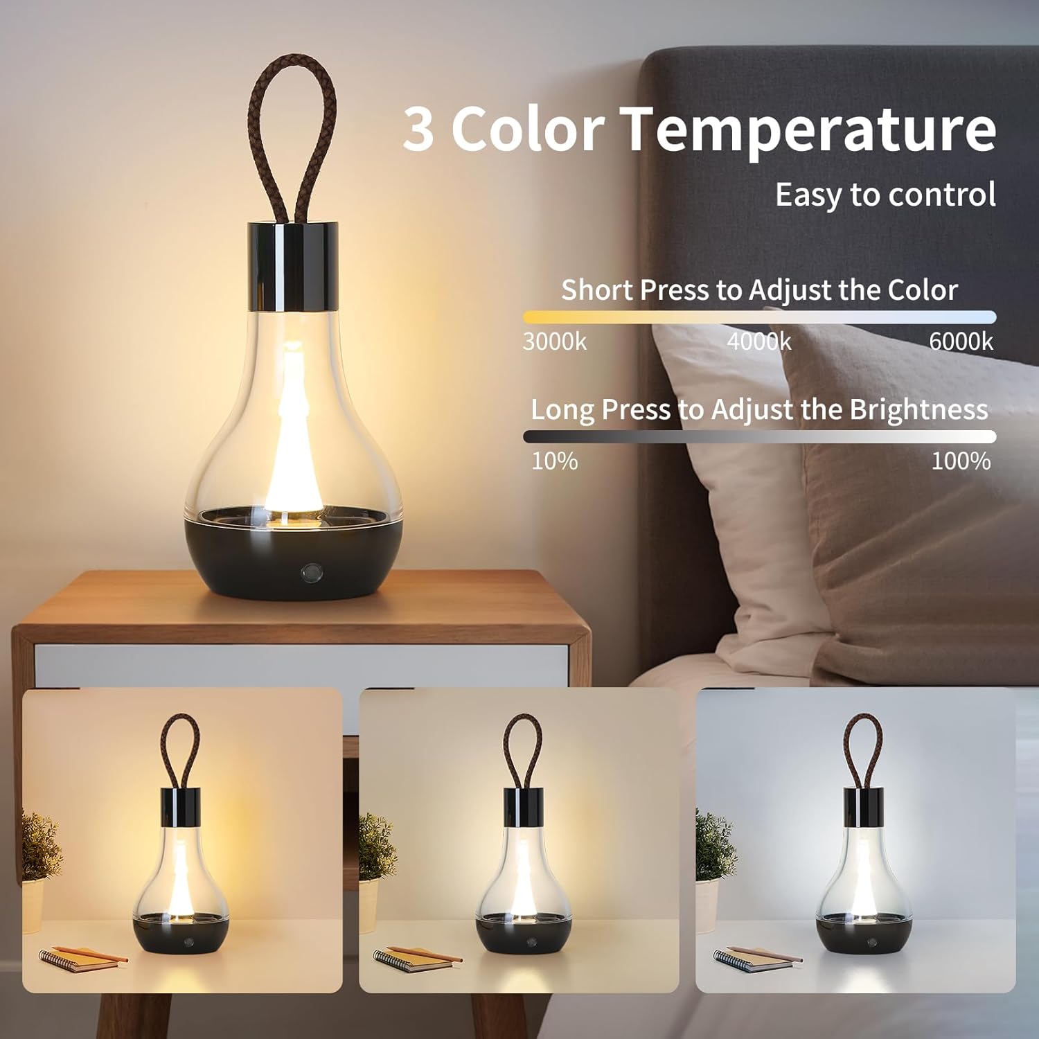 Portable Rechargeable Cordless Table Lamp, 3 Color Temperatures Stepless Dimmable Touch Control LED Bedside Lamp, 2000mAh Battery Powered Eye-Caring Night Light for Bedroom, Camping, Patio