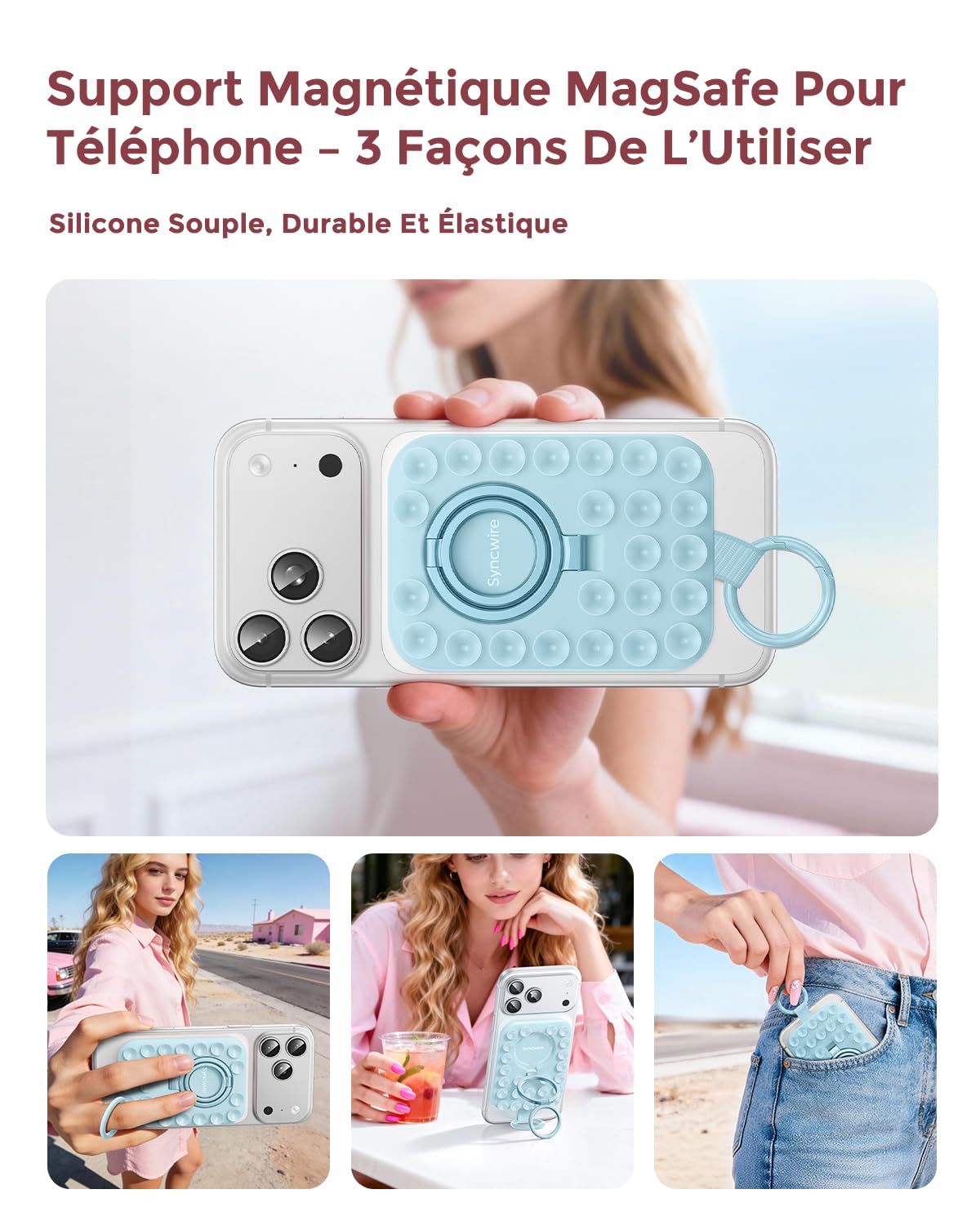 Syncwire Support Téléphone Magnétique en Silicone avec Ventouse Puissante – Anneau Magnétique Compatible MagSafe pour iPhone/Android, Mains Libres, Selfies & Vidéos TikTok, Bleu