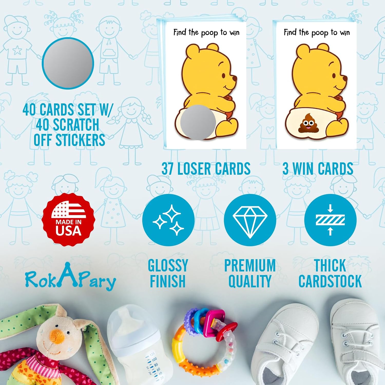 RokAPary Baby Winnie Find the Poop to Win Baby Shower Scratch Off Game, Easy to Play Silly Games, Funny Idea, Ice Breaker Activity. DIY Raffle Cards, Set of 40 Cards Made in USA