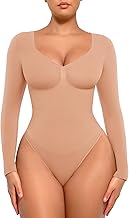 FeelinGirl Women's Shapewear Bodysuit Tummy Control Seamless Sculpting Thong V Neck Long Sleeve Full Coverage Chestnut Brown M