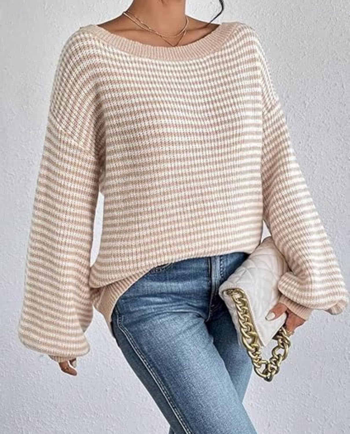LIZALIG Women's 2025 Fall Long Sleeve Sweaters Casual Loose Striped Off Shoulder Oversized Knitted Sweater Pullovers - Image 2