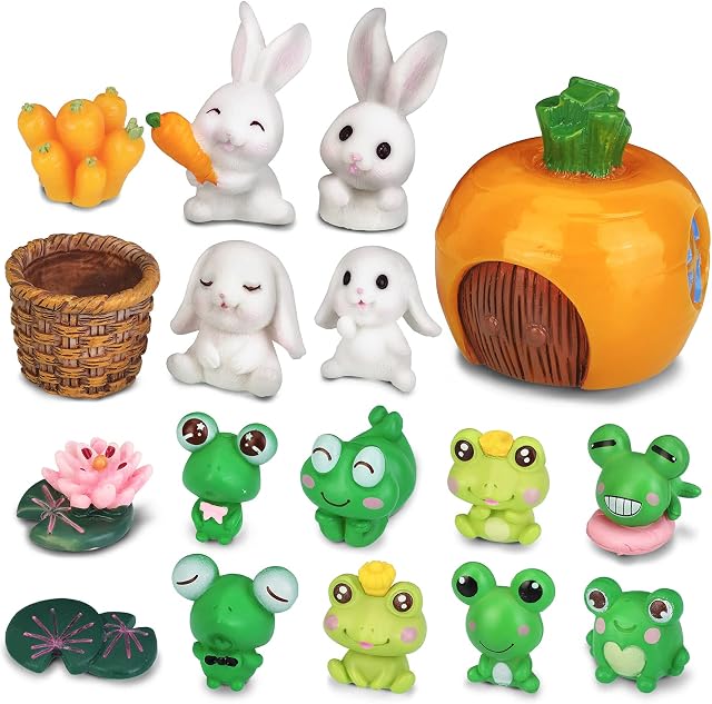 OOTSR 17 Pcs Miniature Fairy Garden Rabbit, Frog Figurines Fairy Garden Mini Animals Cake Topper Resin Model Moss Landscape DIY Terrarium Crafts Ornament Accessories for Home Décor