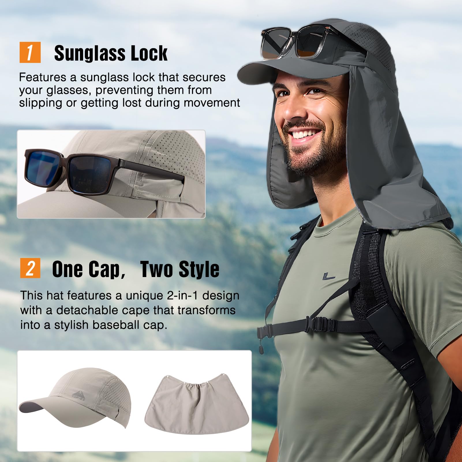TOP-EX Mens Baseball Cap with Neck Flap Sun Hat with Detachable Neck Shade Cover UV SPF Protection Caps for Fishing Safari Outdoor Dark Beige X-Large