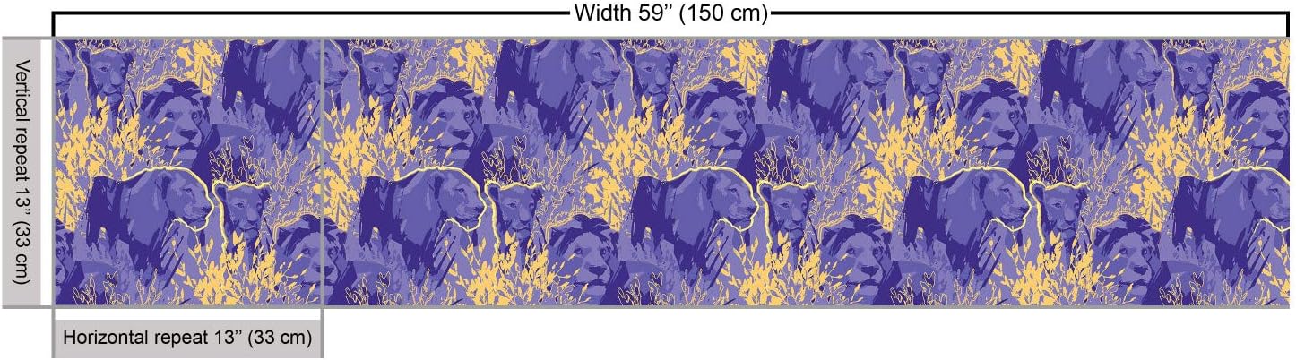 Lunarable Violet Fabric by The Yard, Graphic Sketched Lions Lionesses Among The Grunge Grass and Bushes Print, Decorative Fabric for Upholstery and Home Accents, 1 Yard, Blue Mustard