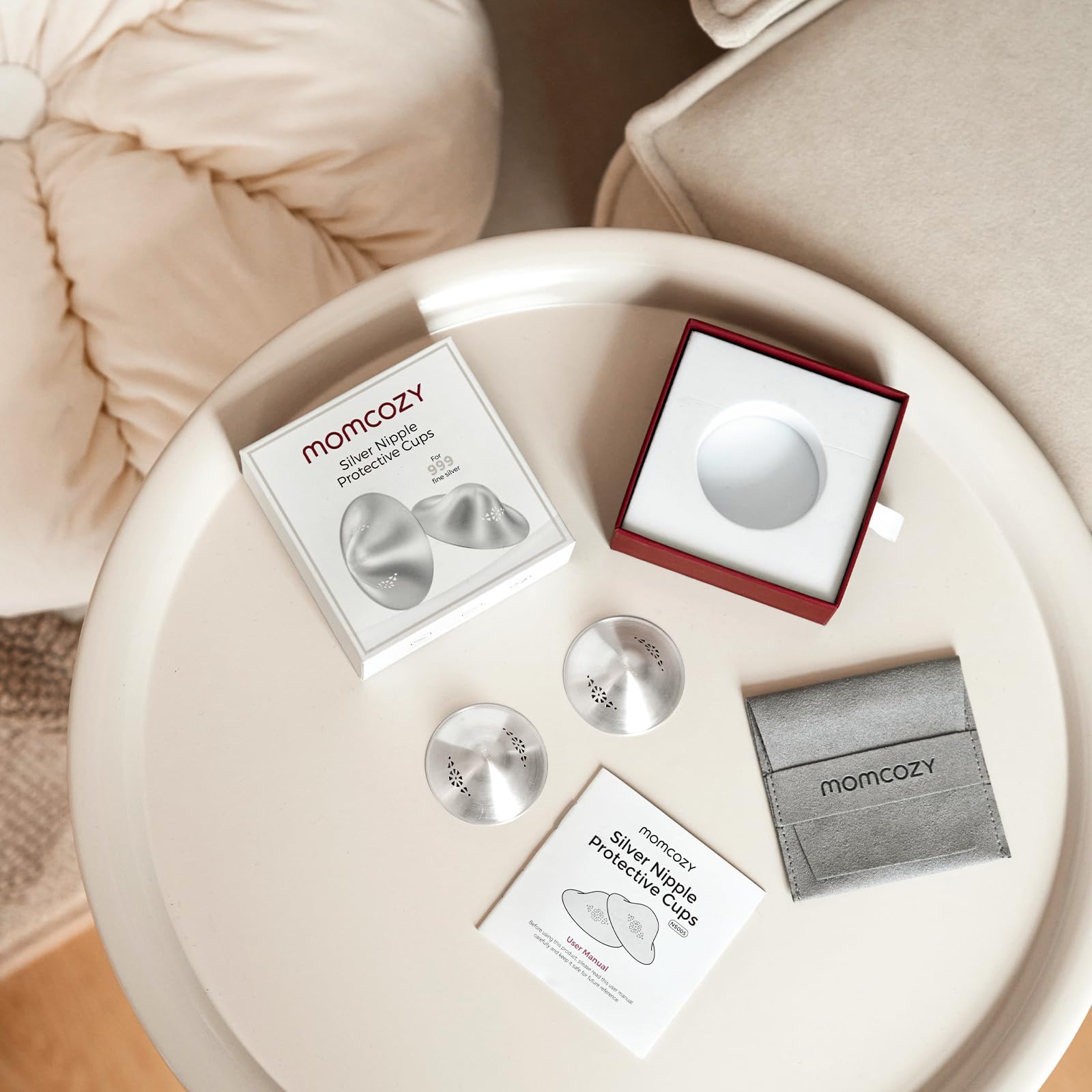 Momcozy Copas de plata para pezones, plata 999, protectores de pezones para lactancia, diseño perforado transpirable, borde curvado y bolsa de fieltro