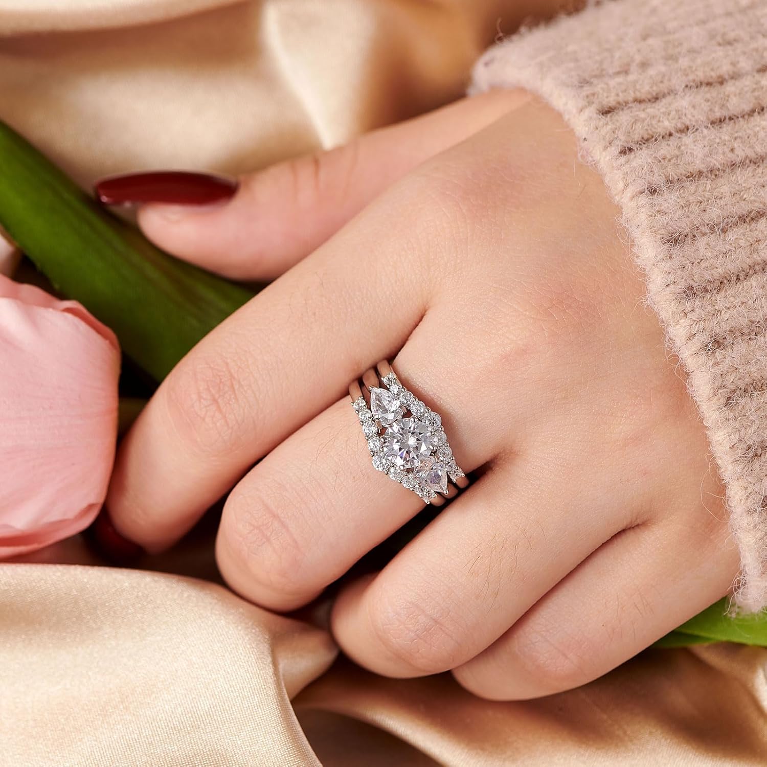 Wuziwen Wedding Ring Set for Women 3Pcs Engagement Rings CZ 925 Sterling Silver - Image 4