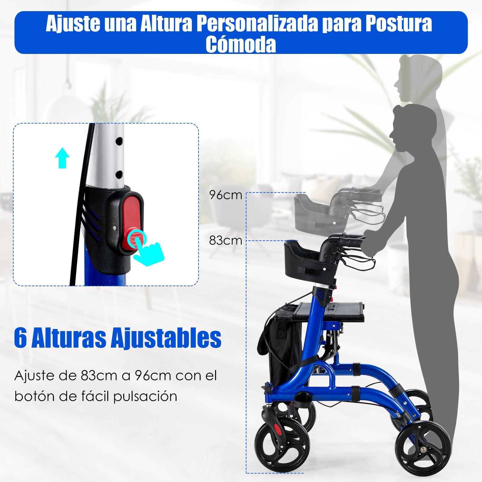 COSTWAY 2 en 1 Andador para Ancianos con Asiento, Andador Rodante Plegable con Ruedas de 20 cm, Aleación de Aluminio, Manijas Ajustables, Sistema de Doble Freno, Bolsa de Almacenamiento (Azul)
