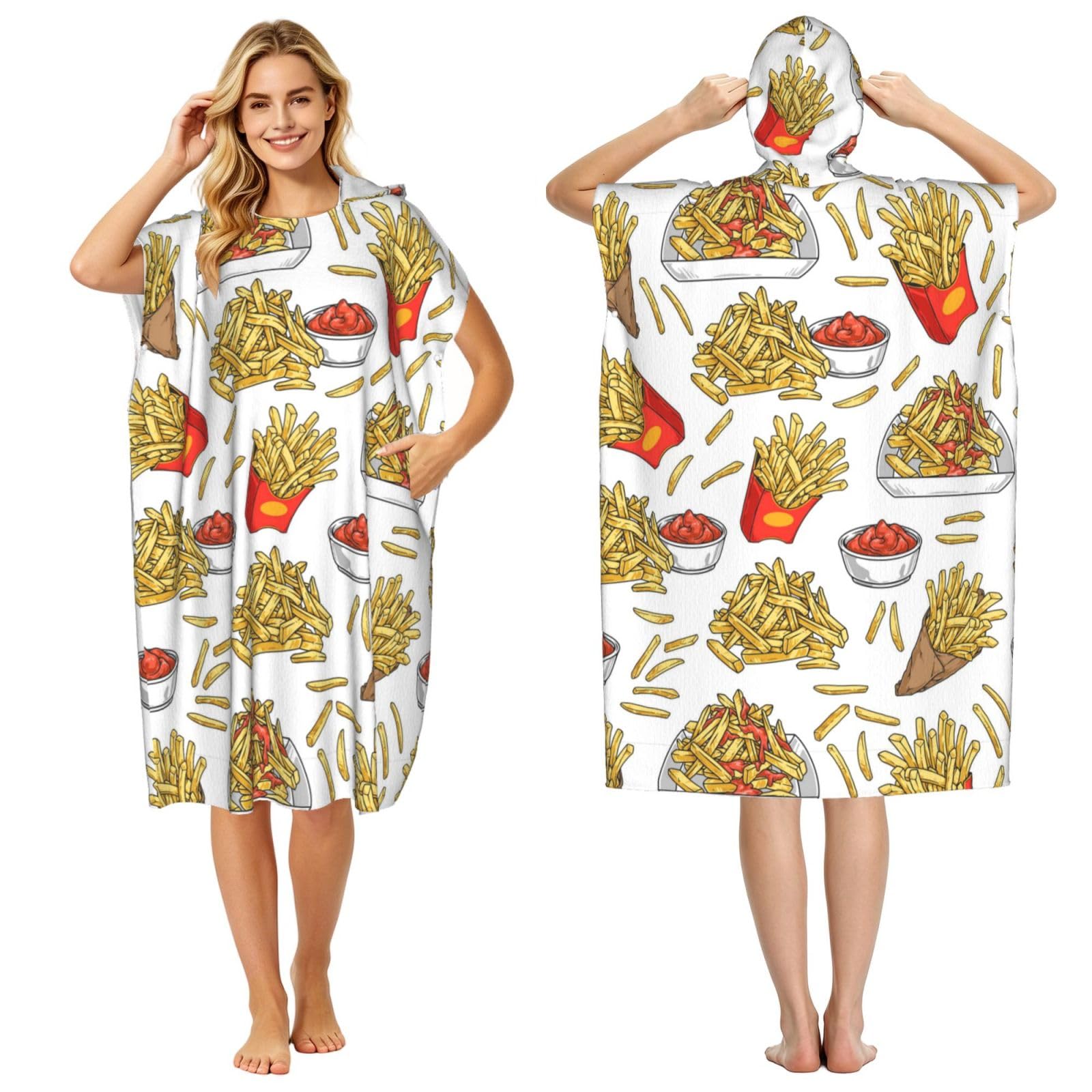 Poadnly Fried Fries Potatoes, Adult Hooded Beach Towel 90 x 110 cm,Changing Bath Robe, Surf Poncho Towel For Women Men