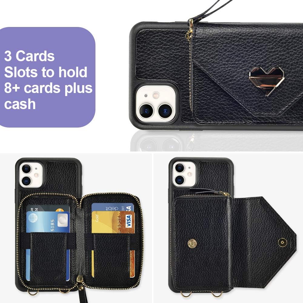 iPhone 12 Mini Wallet Case, 5.4 inch, JLFCH iPhone 12 Mini Crossbody Case with Zipper Card Holder Wrist Strap Shoulder Chain Purse for App;e iPhone 12 Mini (2020) 5.4 inch - Black
