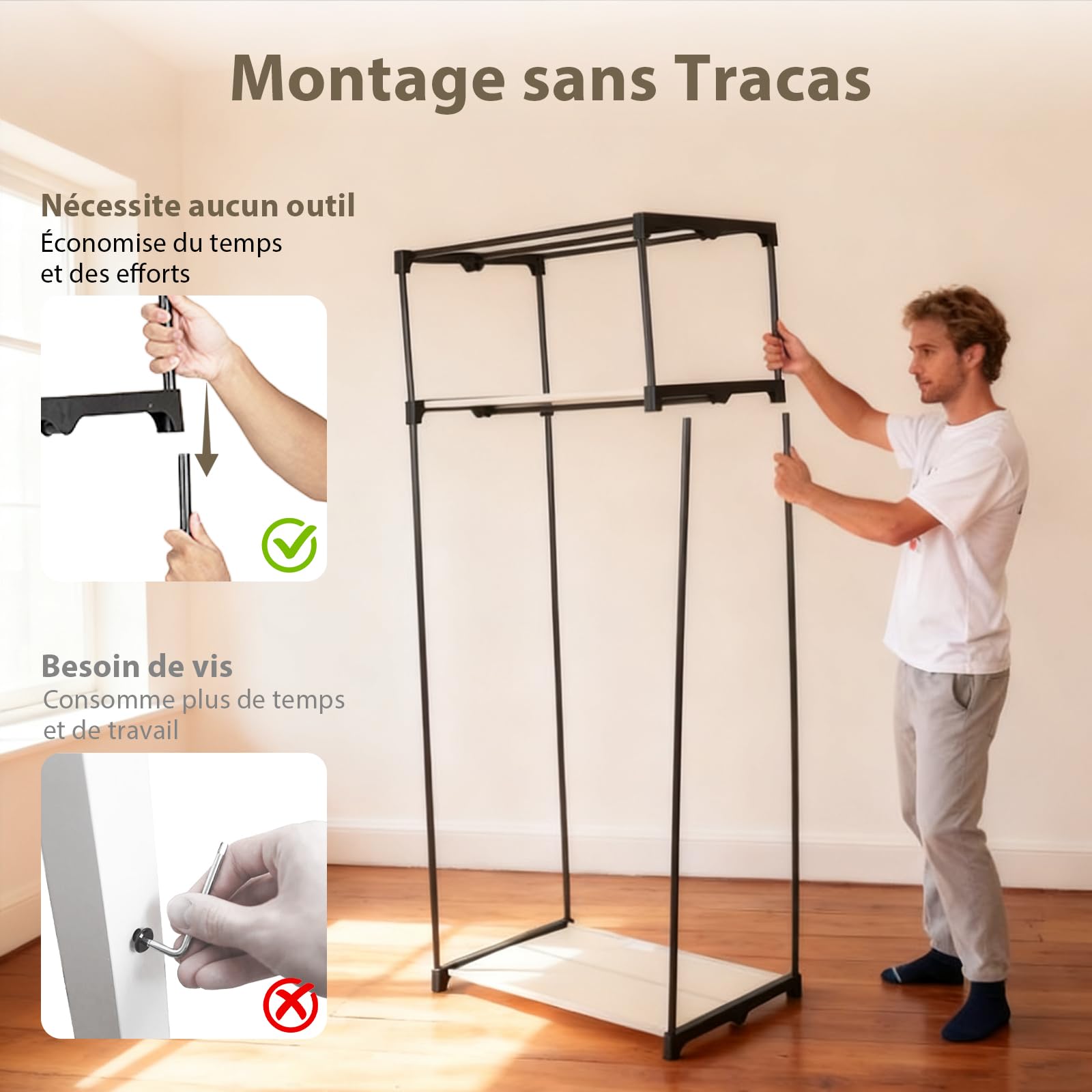 GOPLUS Armoire-penderie Multifonctionnelle, Armoire de Rangement avec Housse Amovible et Barres Transversales Renforcées, Étagères et Tige de Suspension Équipées, Charge Max 30KG (Modèle B,Beige)