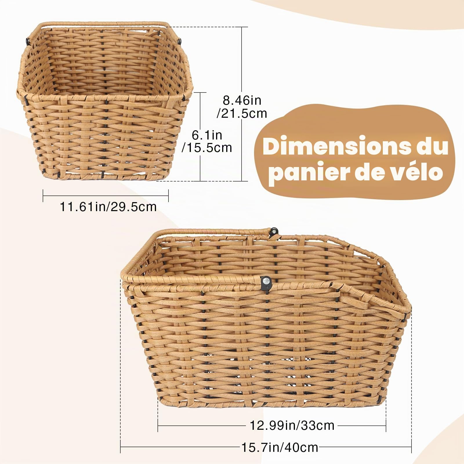 ZUKKA Panier de vélo arrière tissé Panier de vélo arrière amovible Panier de rangement de vélo pour rack arrière de la plupart des types de vélos