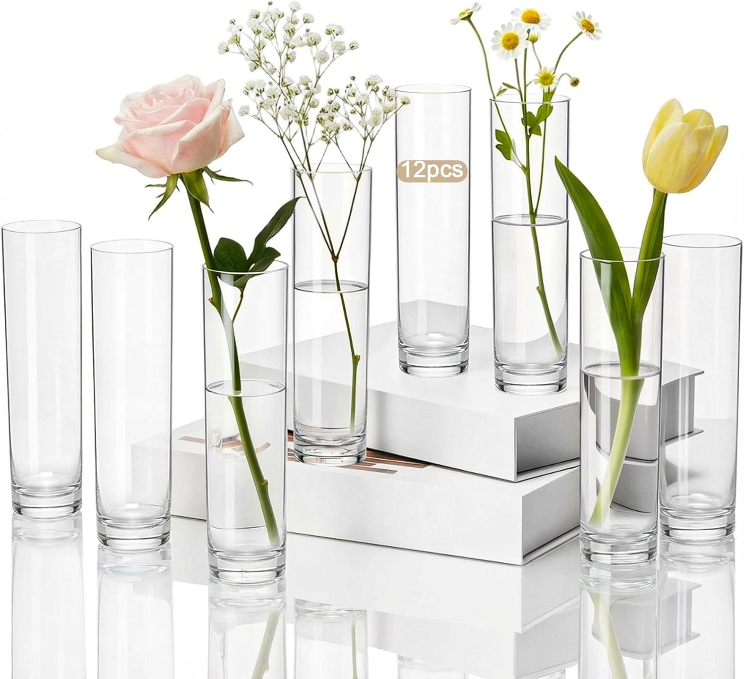 12 Pcs Acrylic Cylinder Bud Vases for Centerpieces, Acrylic Plastic Tall Flower Vase Clear Small Vases Bulk for Single Rose Table Centerpiece Wedding Home Indoor Desk Office Party Decorations