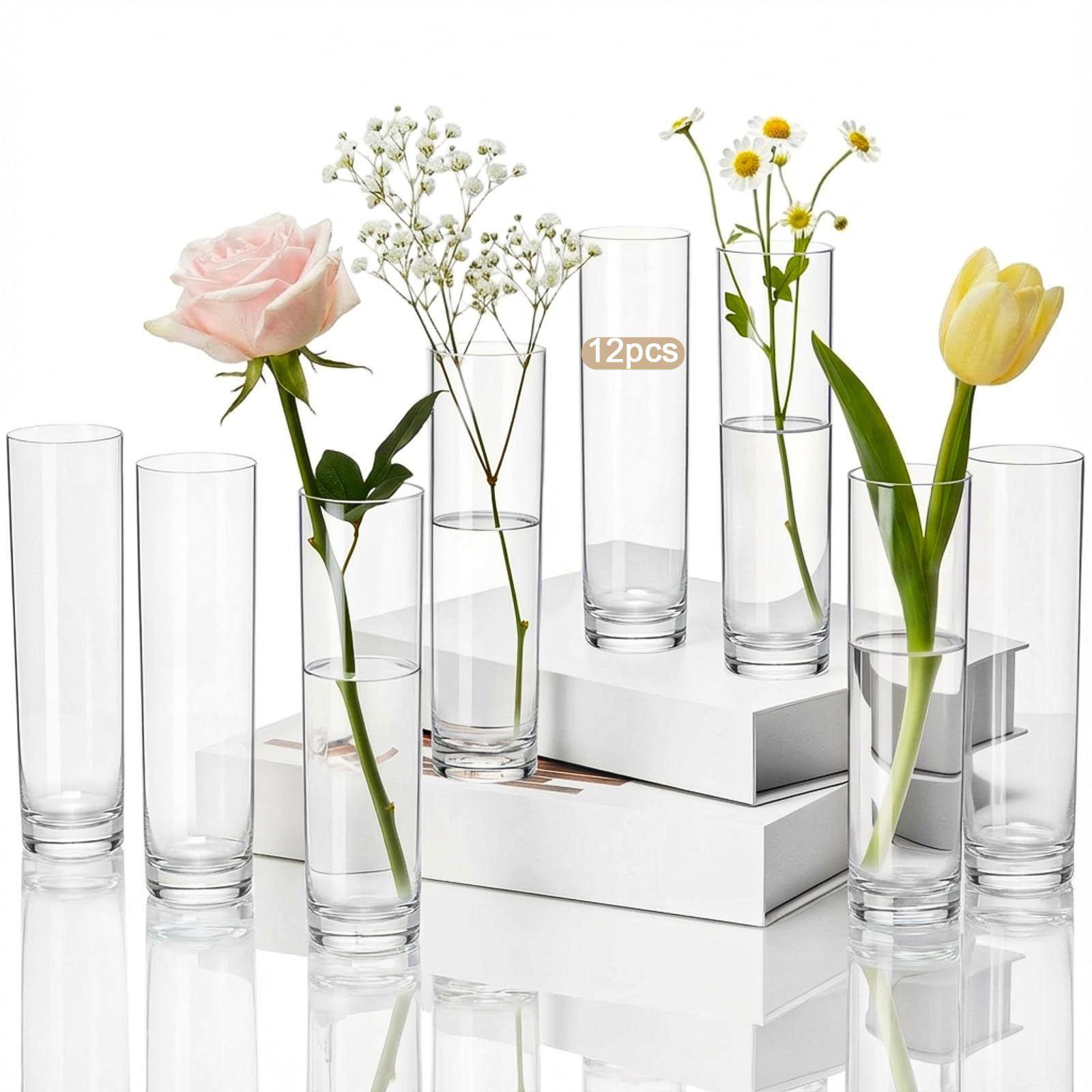 Photo 1 of Didaey 48 Pcs Acrylic Cylinder Bud Vases for Centerpieces, Acrylic Plastic Tall Flower Vase Clear Small Vases Bulk for Single Rose Table Centerpiece Wedding Home Indoor Desk Office Party Decorations