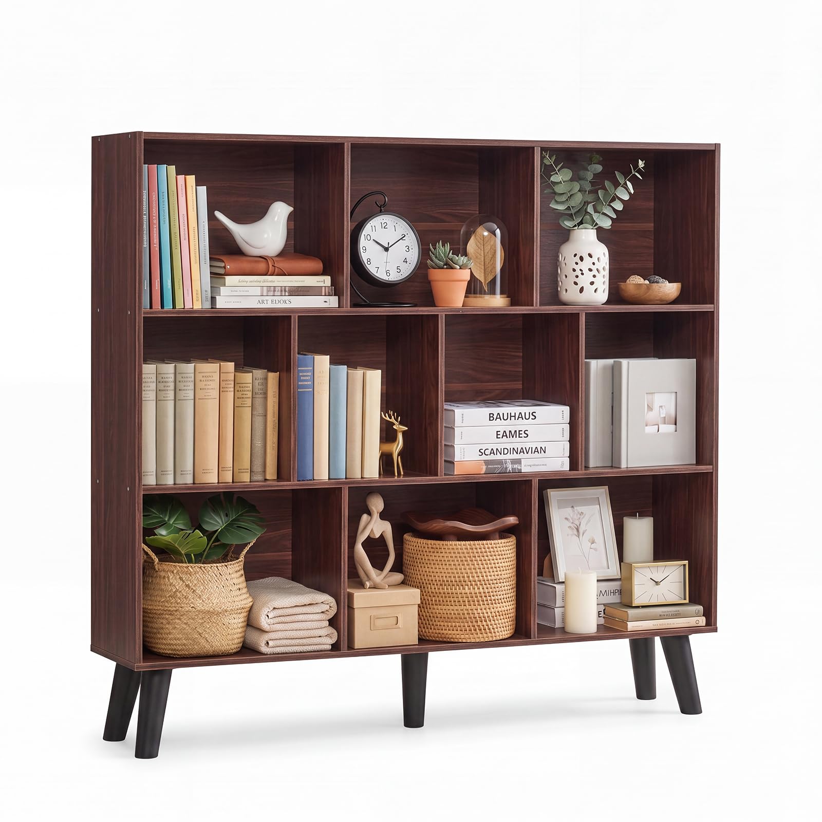 YAHARBO 10 Cube Walnut Bookshelf,3 Tier Book Shelf with Legs,Modern Minimalist Bookcase,Open Book Shelves Storage Organizer,Frees Standing Wooden Display Bookcases for Small Space,Bedroom,Living Room