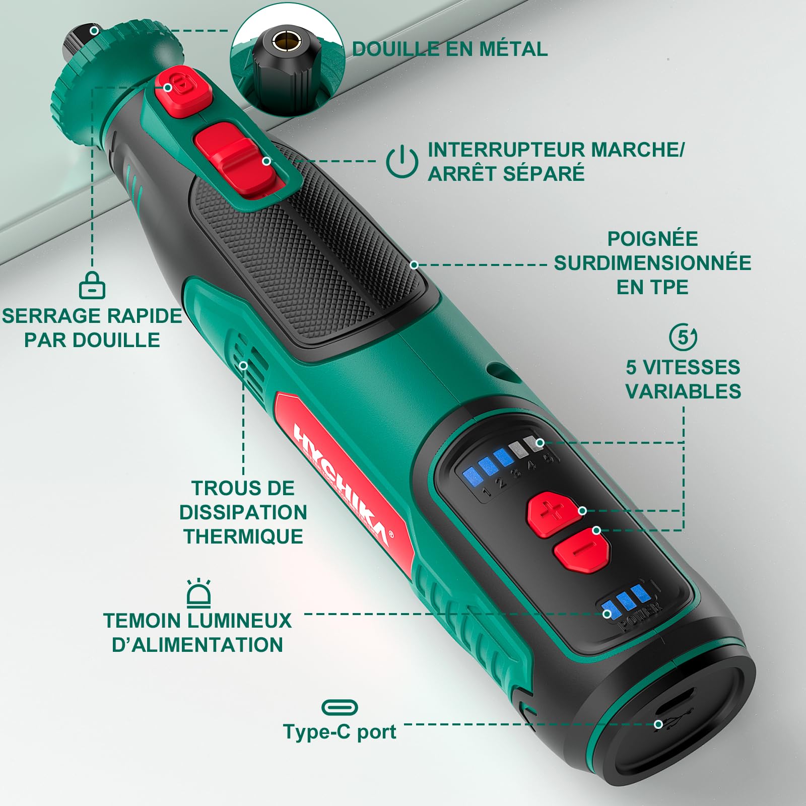 HYCHIKA Outil rotatif sans fil 8V 2,0Ah batterie, 5 vitesses max 30000 tr/min. Kit 145 accessoires avec affûteuse pour tronçonneuse et lampe LED. Pour ponçage, polissage, coupe, perçage, gravure DIY