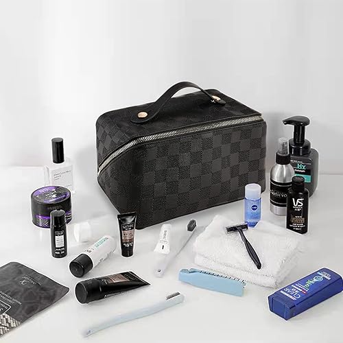 Miniatura 8 de LEICURACE Bolsa de maquillaje portátil que se abre plana para un fácil acceso, bolsa de cosméticos grande impermeable bolsa de aseo, Negro -, Moda