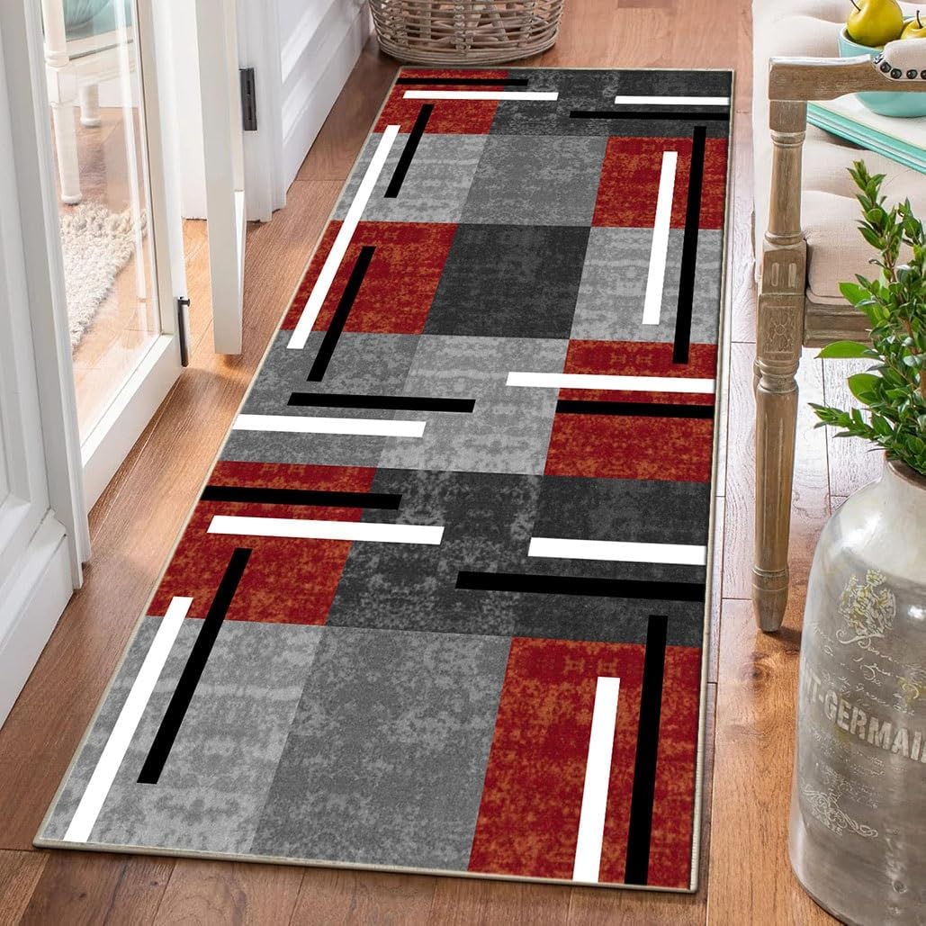 Runner Rugs for Hallway Red 2'X3' Geometric Non-Slip Washable Kitchen Long Carpet, Indoor Corridor Short Pile Entrance Decor Mat