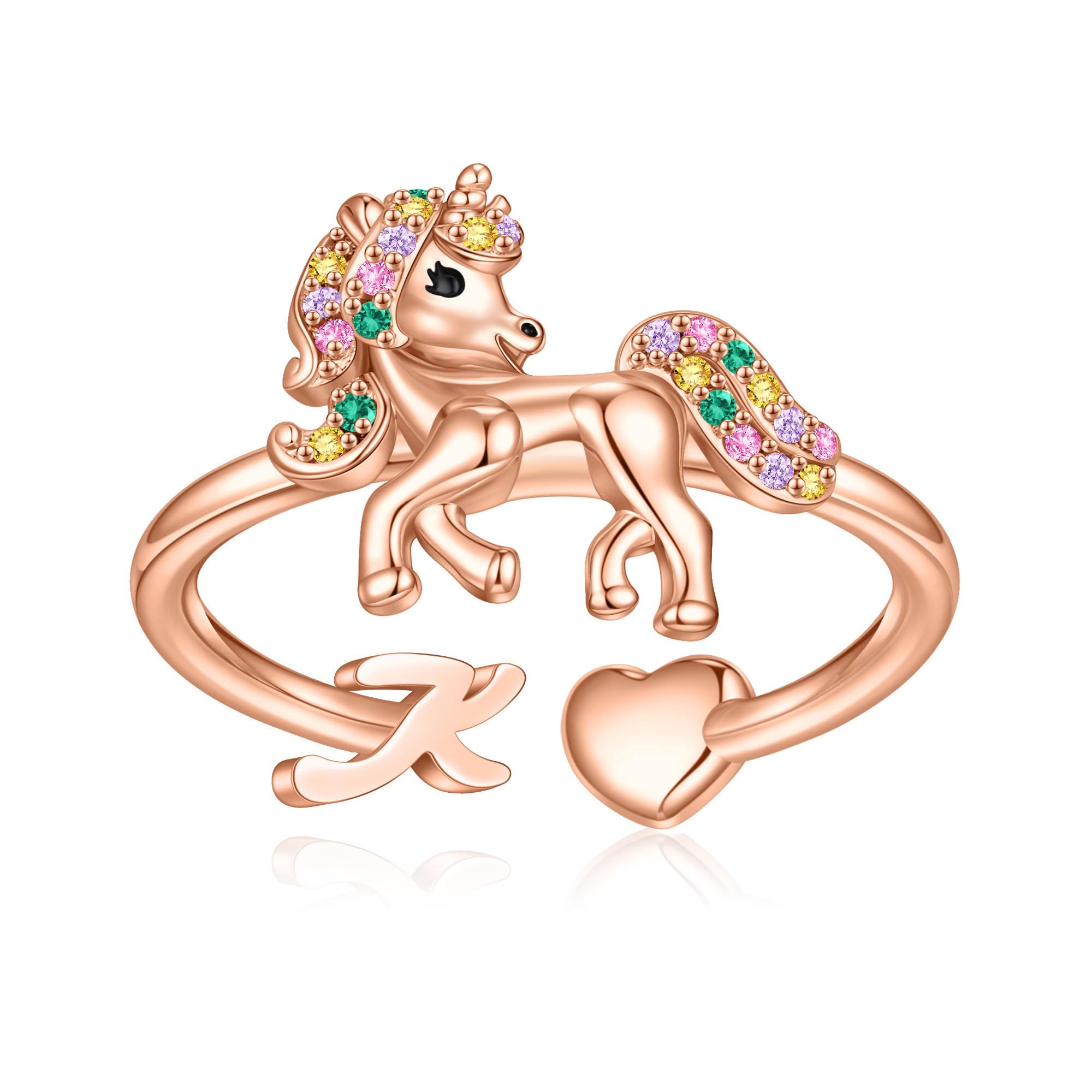 Unicorn Initial Rings for Teen Girls, Rose Gold/White Gold Plated Heart Initial Rings for Girls Adjustable Stackable Rings for Women Diny Heart Ring for Teen Girls Gifts Unicorns Gifts for Girls