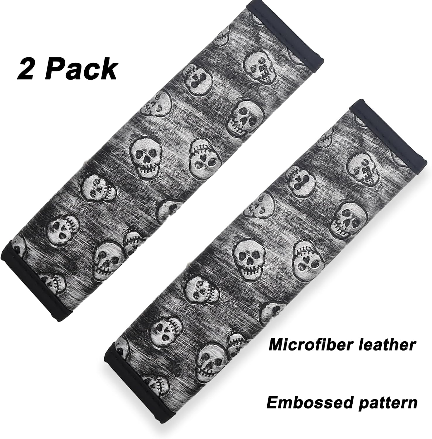 2-Pack Leather Car Seat Belt Pads Cover with Embossed Skull Pattern, Breathable Soft Shoulder Strap Pads for Neck and Shoulder Protection for Car Interior Accessories (Skull Black Silver)