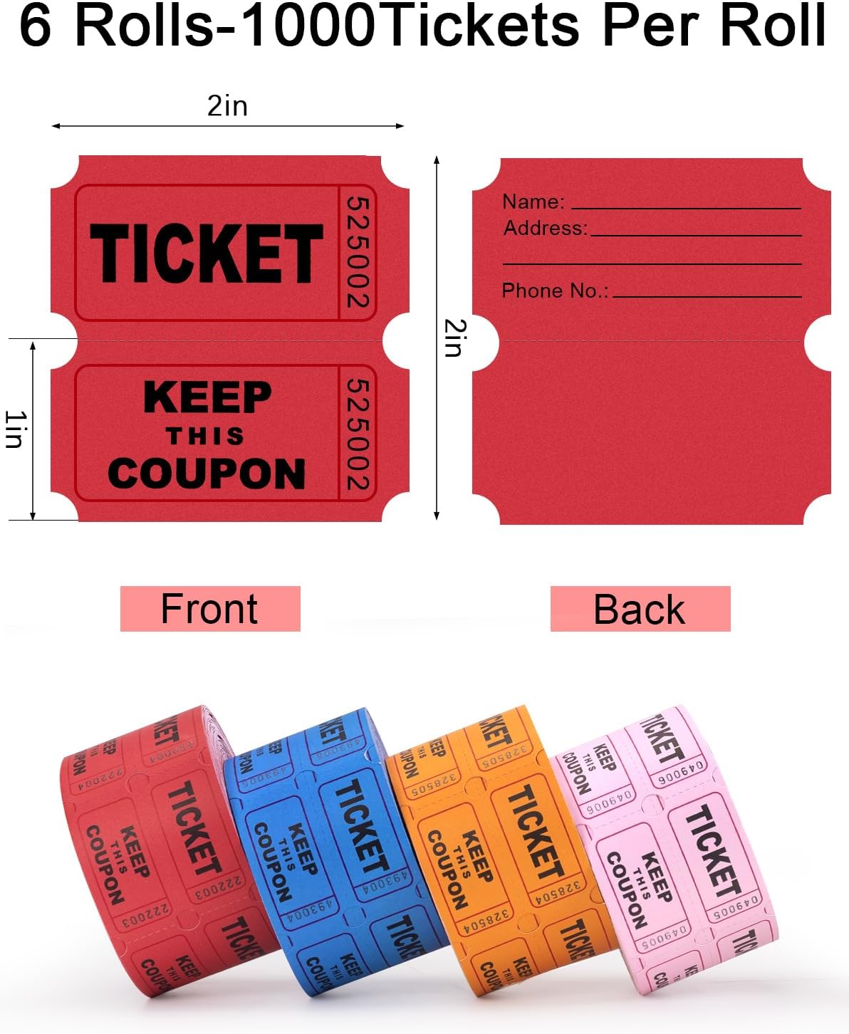 Colemoly 1000 Raffle Tickets Roll, 3000 Pairs 6 Rolls 2" x 2"-500 Pairs per Roll 50/50 Double Roll Tickets 6000 Pieces in Total for Events, Admission, Classroom Rewards (Blue, Red, Pink, Orange)