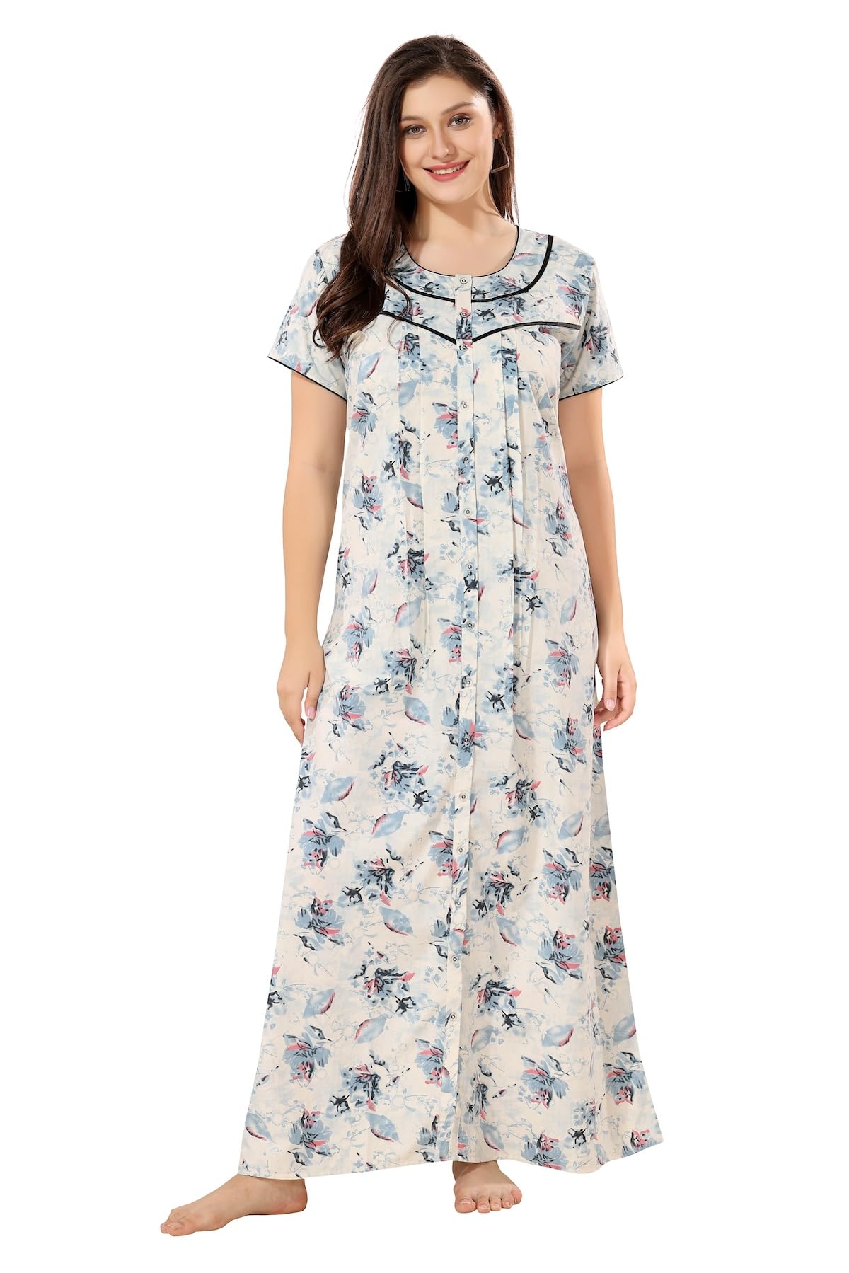 Women's Cotton Front Open Plus Size Nighty | All Over Printed Maxi for Women | Night Wear Female | Full Length Night Gown