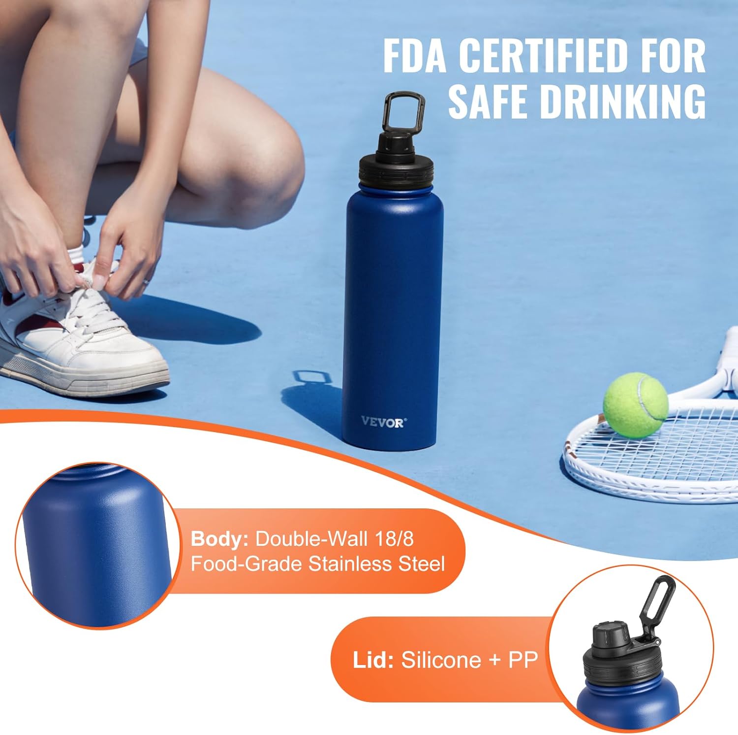 VEVOR 40 oz Insulated Water Bottle, Stainless Steel Camping & Hiking Hydration Flask with Wide Mouth Lid, Sports Coffee Cup Double Walled, Leakproof, for Indoor/Outdoor Use,Blue