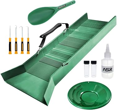 ASR Outdoor Sluice Box Gold Prospecting Kit Pan Vial Snifter Trowel Hooks 6pc