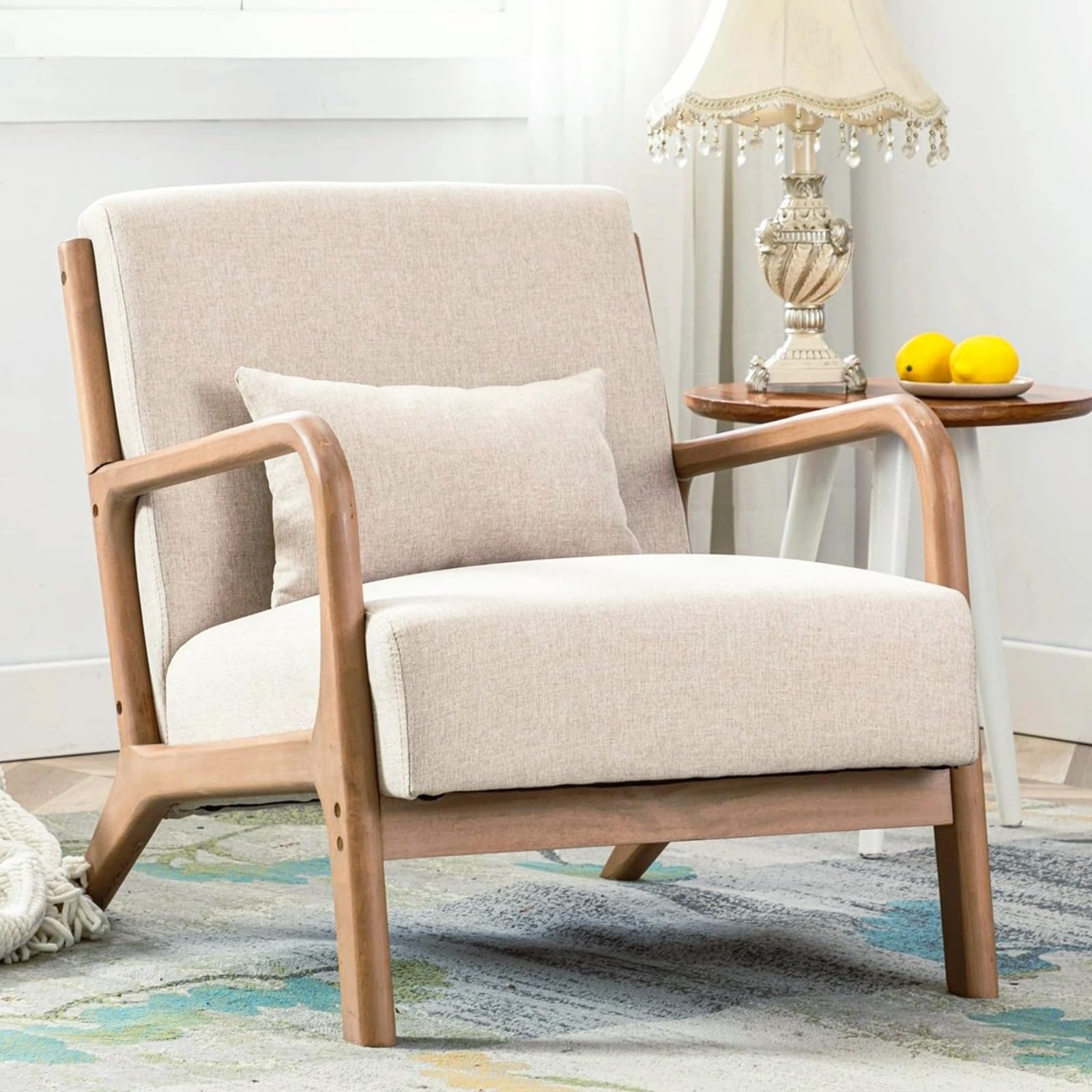 ANJ Mid Century Modern Accent Chair, Comfy Fabric Living Room Chairs with Solid Wood Frame, Lounge Reading Armchair, Easy Assembly, Beige