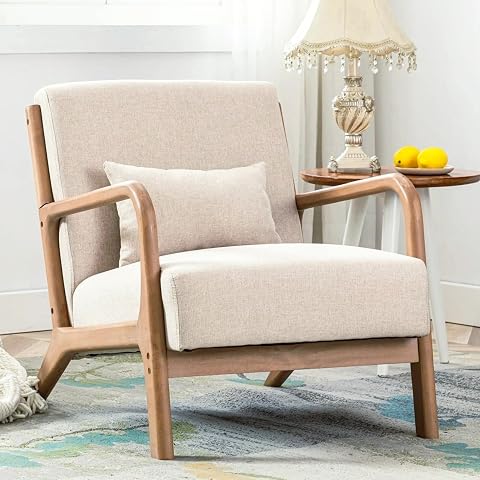 ANJ Mid Century Modern Accent Chair with Solid Wood Frame, Beige