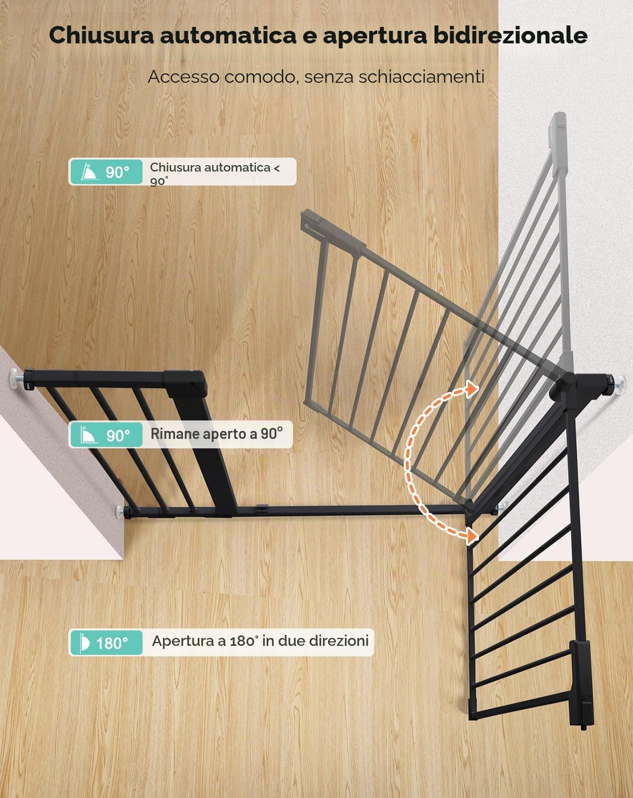 COMOMY 91,5cm Cancelletto per cani Extra Alto, per Scale e Porte, 75 a 103cm di Larghezza, Montato a Pressione Cancellino Bambini di Sicurezza Extra Largo a Chiusura Automatica per Casa, Nero
