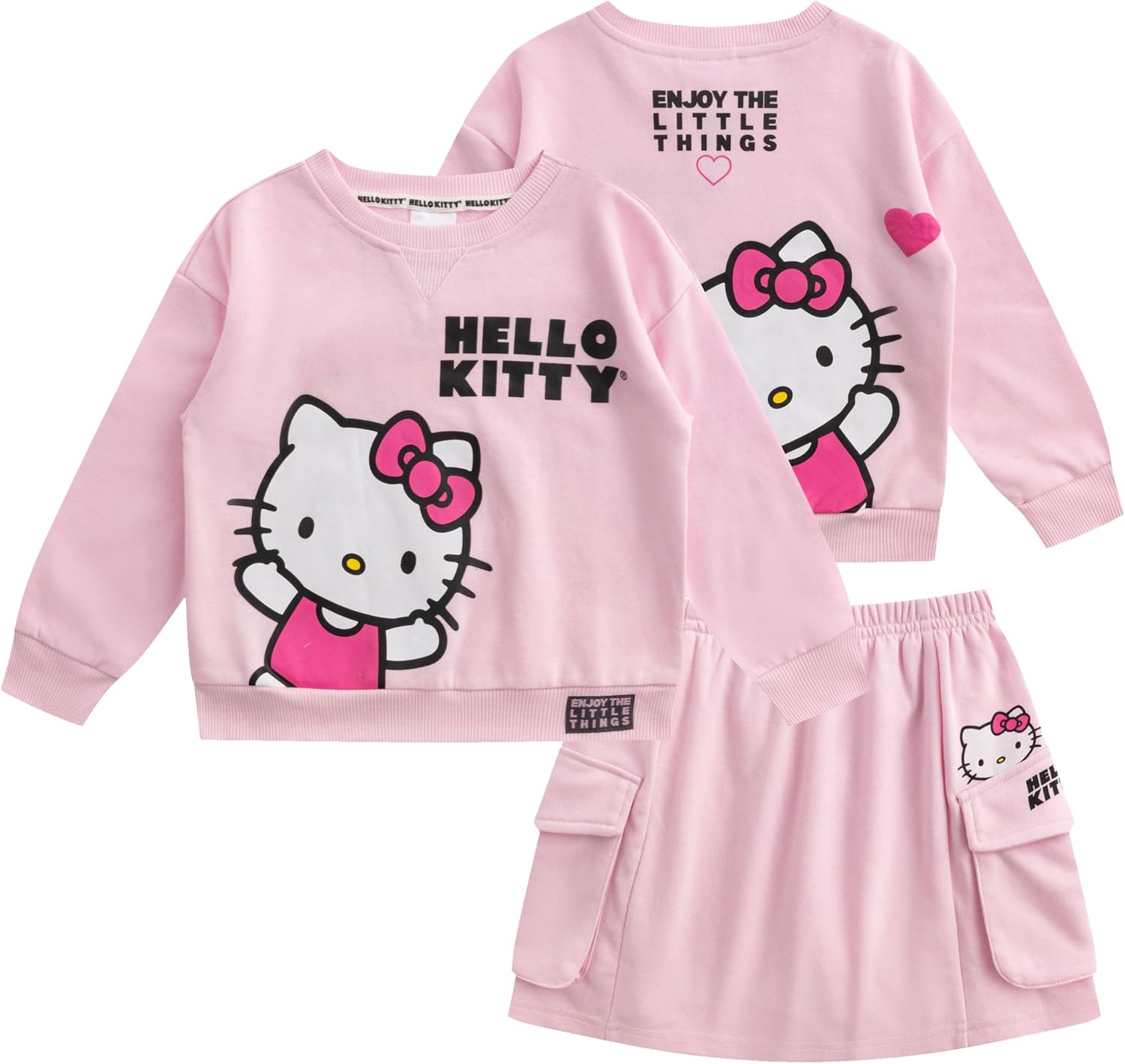 Hello Kitty Sanrio Girls French Terry Sweatshirt and Skort Skirt 2 Piece Set for Big Kids