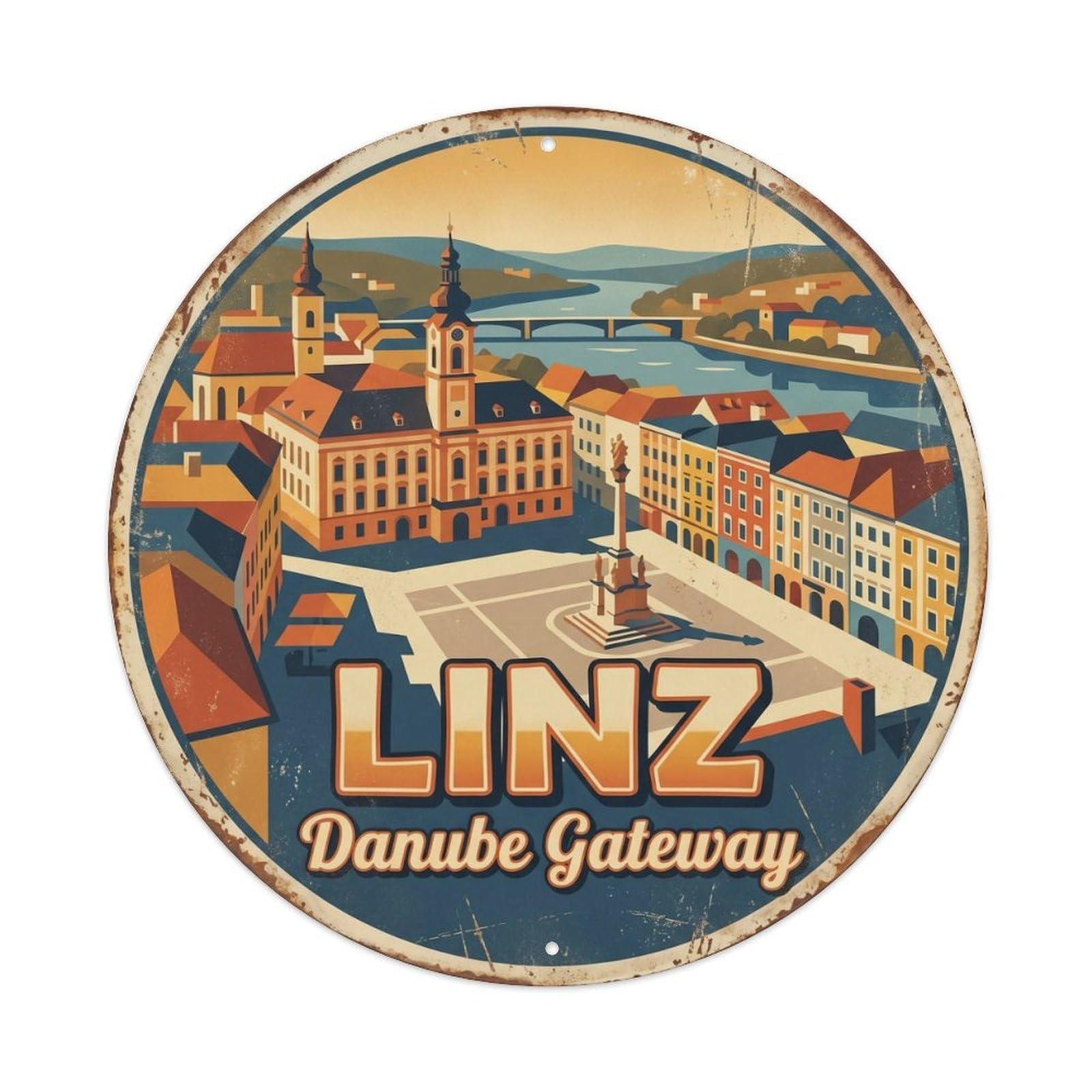 Vintage Travel Linz Oldtown Danube Metal Tin Sign Plaque Wall Decor for Cafe, Club, Garden Round Metal Poster 8x8Inch