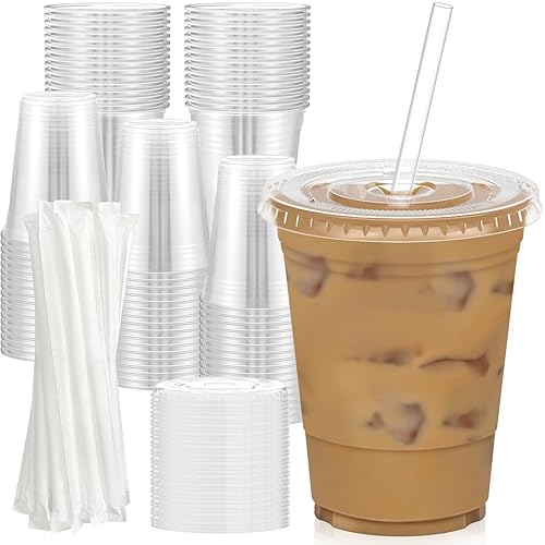 100 Pack - 16 oz Clear Plastic Cups with Lids