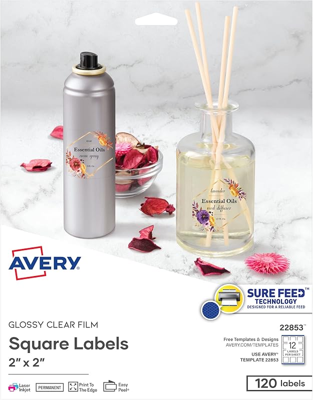 Avery® Printable Blank Square Labels, 2" x 2", Glossy Crystal Clear, 120 Customizable Labels (22853)