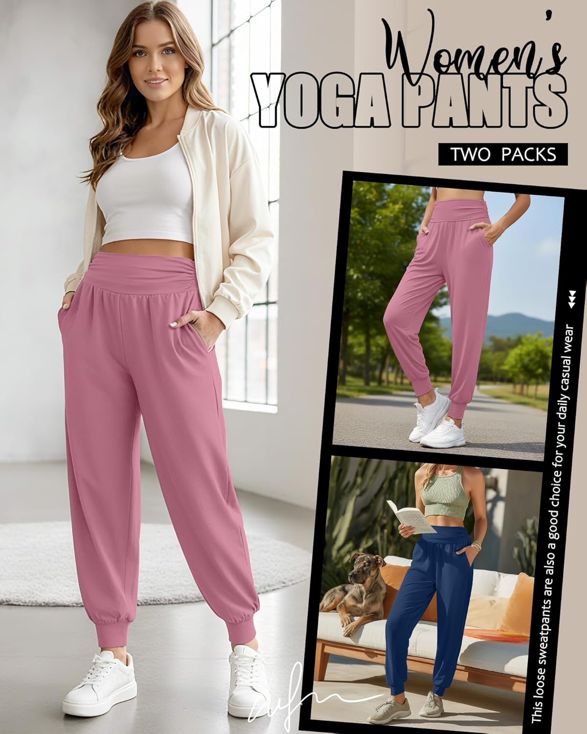 2 Pack Women's Yoga Joggers, Cozy Sweatpants with Pockets Casual Loose Comfy High Waisted Lounge Pants - Image 6
