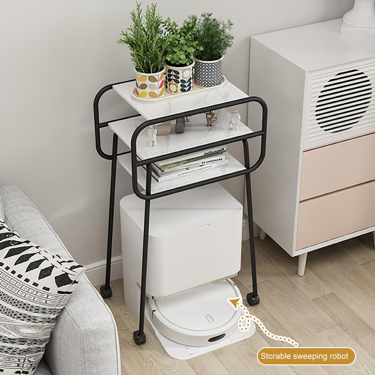Estante de almacenamiento de 3 niveles para aspiradora robot, soporte de vacío con ruedas, mesa auxiliar pequeña para sala de estar, baño, mesa auxiliar estrecha, muebles decorativos bonitos