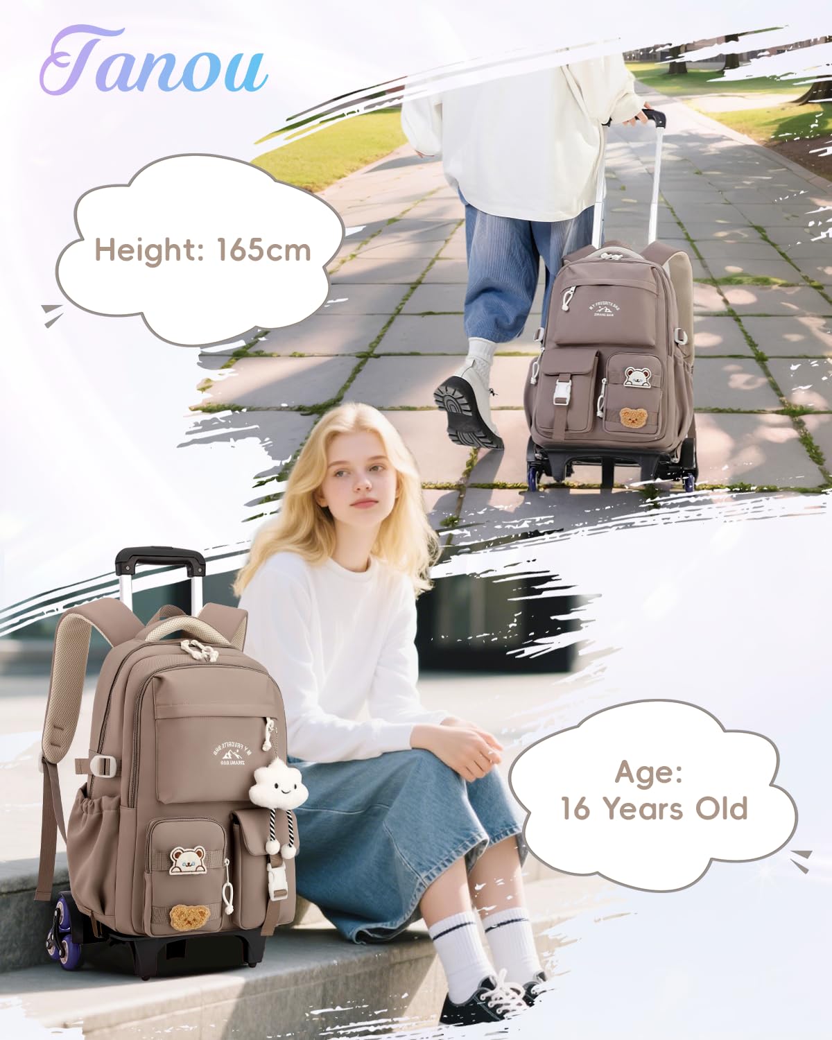 Tanou Schulrucksack Mädchen mit Rollen, 30L Rucksack Trolley 5.-12. Klasse | Abnehmbar Trolley Schulranzen für Kinder Teenager, Lässiger Reise-Rucksack mit 6 Räder, Braun