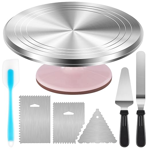 Kootek Aluminium Cake Turntable Set, Baking Tools with Revolving 12" Cake Stand for Decorating, 12.7" Offset Spatula, 3 Stainless Steel Frosting Icing Smoother, Cake Serve Cake Decorating Kit Supplies