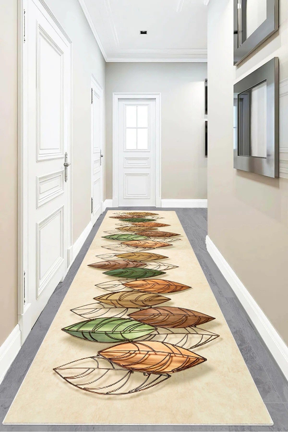 Pelangi Kuş Tüyü Desenli Dijital Baskılı Kaymaz Taban Yıkanabilir Modern Salon Halısı ve Yolluk, Bej-Yeşil 100 x 300, 95551121003007
