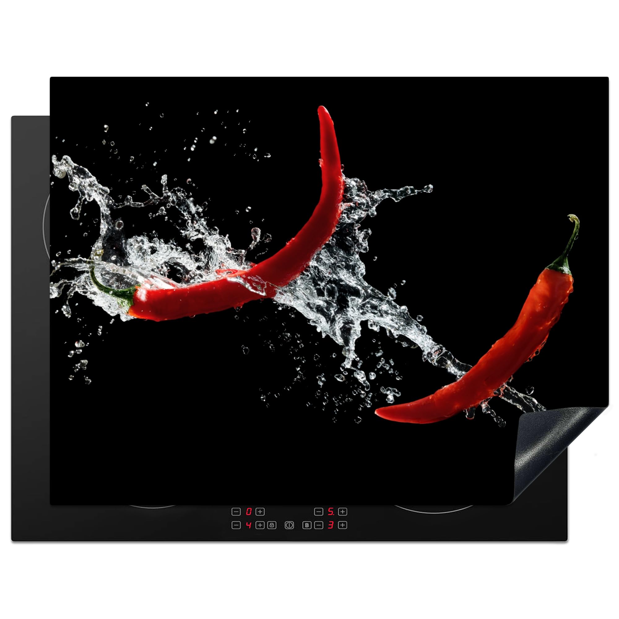 KitchenYeah© Induction Hob Protector Mat 23.2"x30.3" / 77x59 cm Cooker Top Protectors Cover Ceramic Covers Electric Hobs Vinyl Chilli - Still Life - Water - Black - Red