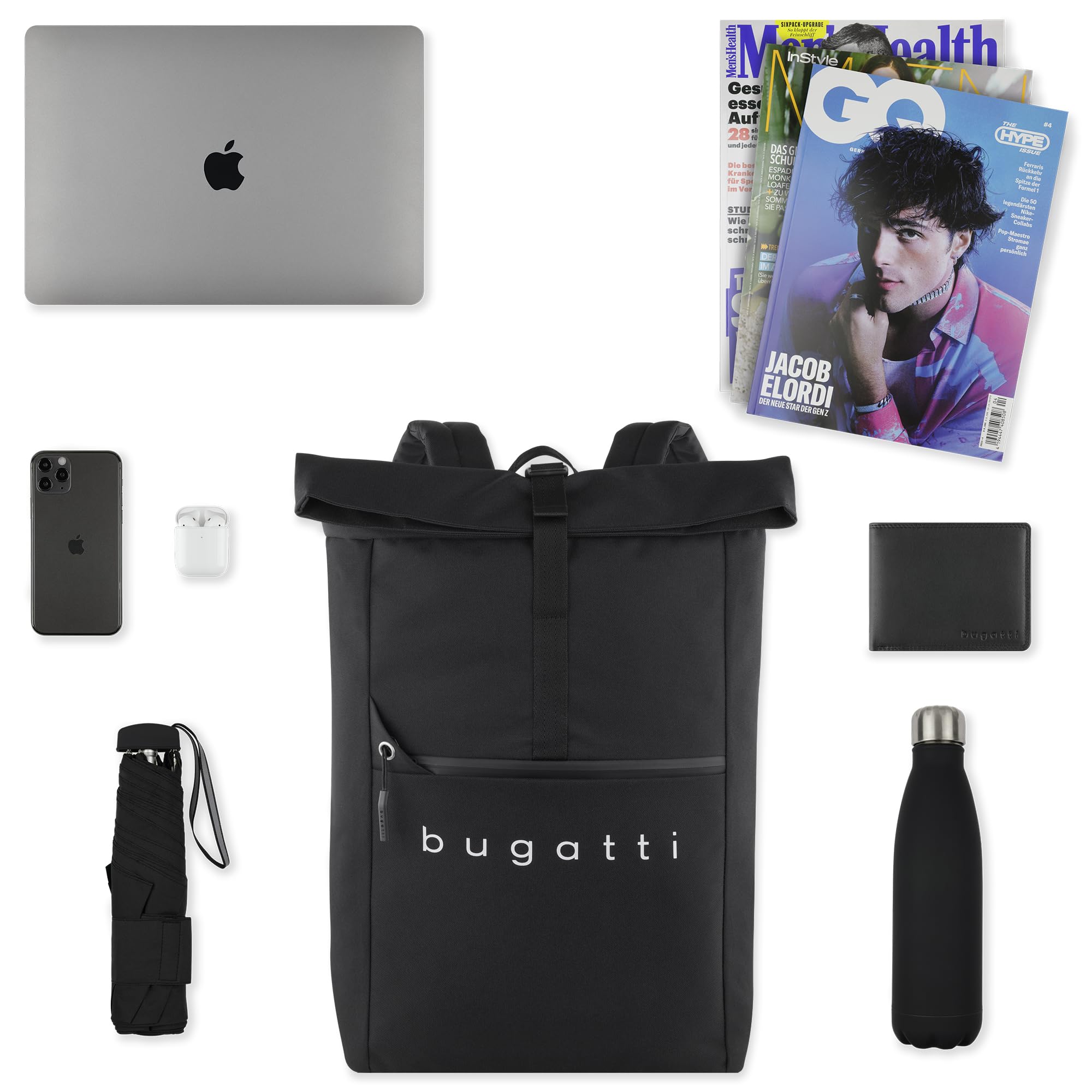 bugatti Passion “Fashion” Rolltoprucksack 15", Rollrucksack aus RPET für Uni Business Fahrrad, schwarz
