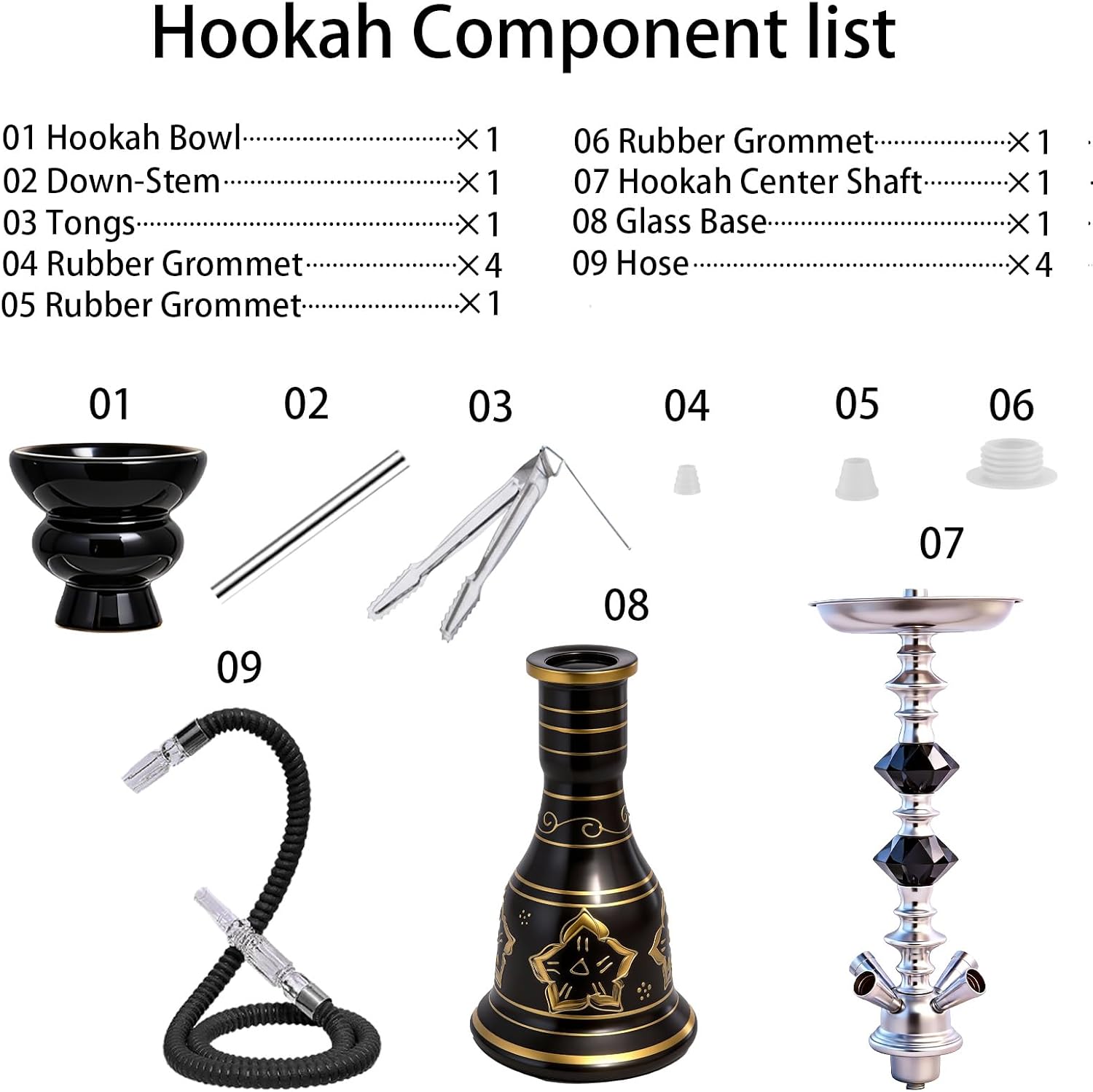 4-Hose Premium Hookah Set (Black & Gold) - Sleek Shisha Pipe for Group Sessions | Ideal for US Home Entertaining (Black)